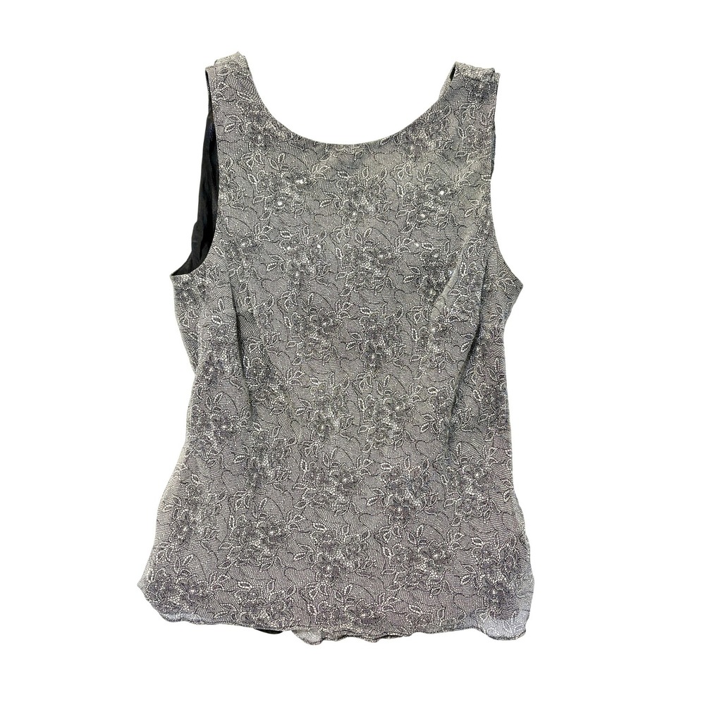Robbie Bee Vintage 100% Silk Silver Floral Lace Print Cowl Neck Tank Top Sz 12